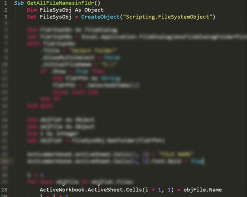 Op de afbeelding: Een donkergrijs scherm toont regels code in verschillende kleuren, waaronder groen, rood en blauw. De code lijkt betrekking te hebben op bestandsbewerkingen, met zichtbare functienamen en variabele declaraties. De tekst bevat "GetAllFileNamesinFldr" en "CreateObject".
