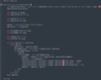 May include: A dark gray computer screen displaying lines of code. The text includes "Option Explicit", "Sub Excel_In_Cell_Highlighter()", and "Next tgtClls". The code is written in a light gray font.