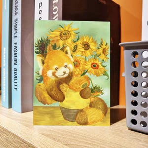 Girassol - Panda Vermelho é minha flor | Cartão postal com pintura famosa, lancheira com cordão, prato de cerâmica
