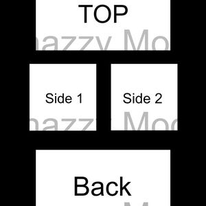 May include: A graphic design layout with the words "TOP", "Side 1", "Side 2", and "Back" in black text on white rectangles. The rectangles are arranged on a black background.