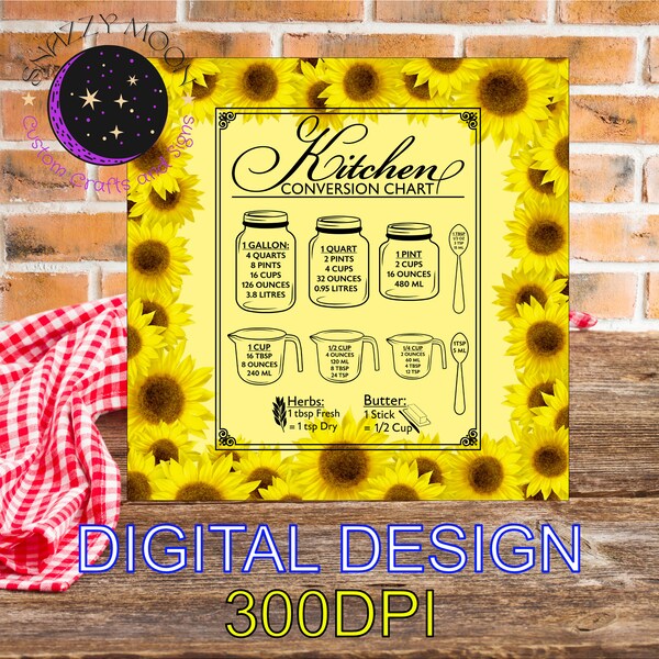 Kitchen Conversion Chart With Sunflowers Frame Cutting Board Design - Glass Cutting Board Design 8"x8" - Instant Download - 300 DPI PNG