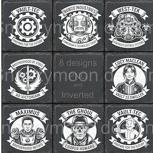 Puede incluir: Nueve posavasos cuadrados de pizarra con diseños gráficos blancos. Los diseños incluyen logotipos y retratos de personajes de la serie de videojuegos Fallout. El texto incluye "Vault-Tec", "Robco Industries", "West-Tek", "Brotherhood of Steel", "Lucy Maclean".