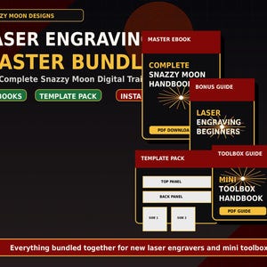 May include: A digital laser engraving master bundle with the text "LASER ENGRAVIN MASTER BUNDL". The bundle includes 3 ebooks, a template pack, and a bonus guide. The color scheme is black, red, and gold.