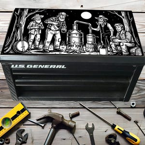 Może przedstawiać: Czarna skrzynka narzędziowa U.S. General z czarno-białą ilustracją mężczyzn wokół destylatora. Różne narzędzia, w tym poziomica, młotek i klucz, otaczają skrzynkę. Ilustracja przedstawia banjo i pełnię księżyca.