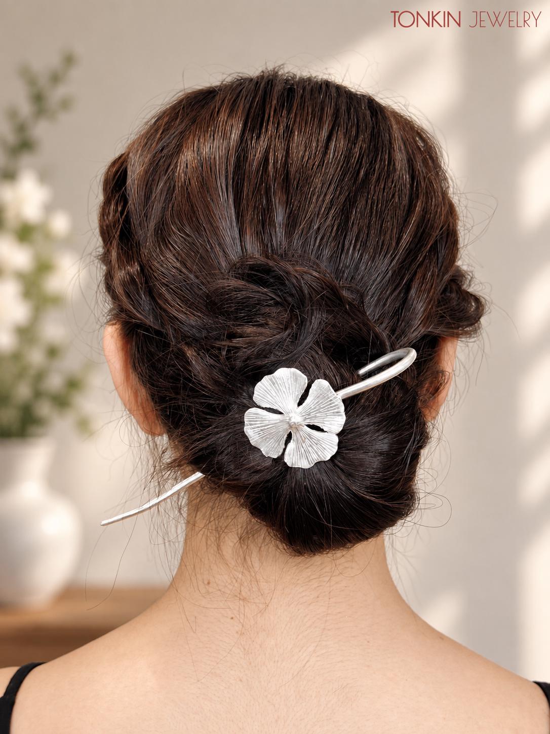 Silver Flower Hair Pin Brass Hair Stick, Bridal Accessories