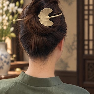 Handmade Ginkgo Leaf Hair Pin: Brass Hair Stick, Copper Accent, gift for her