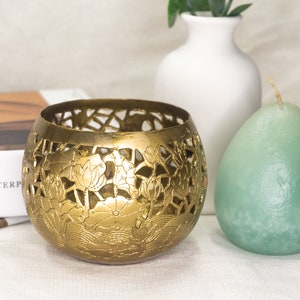 Engraved Brass Lotus Candle Holder: Handmade Wedding Decor
