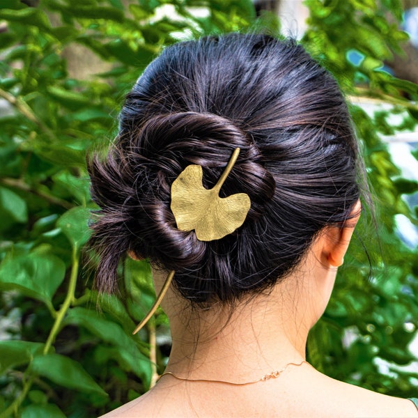 Hair Pin | Hair Stick | Ginkgo Brass Hair Pin | Hand Carved Hair Fork | Copper Hair Pin | Hair Accessories | Handmade Jewelry | Gift For Her