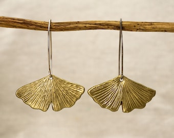 Ginkgo Messing Oorbellen | Blad Oorbellen | Statement Oorbellen | Boho Oorbellen | Lange Oorbellen | Gouden Oorbellen