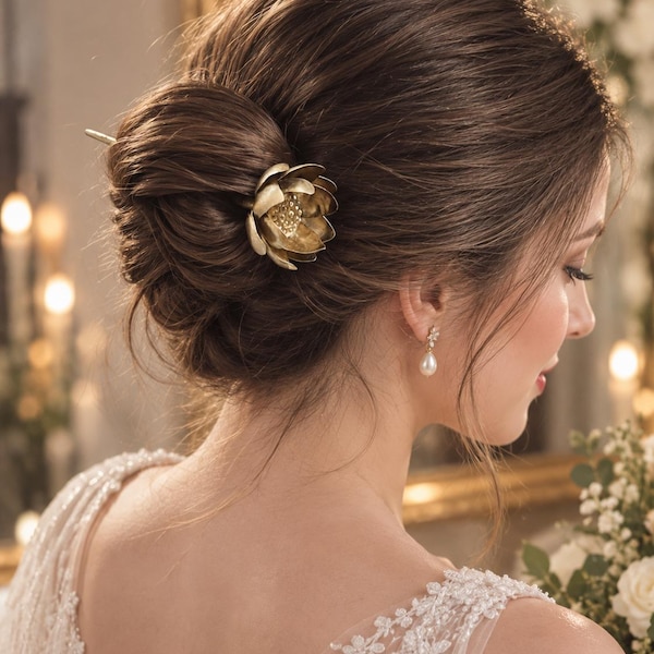Brass Lotus Flower Hair Stick: Etched Copper Hair Pin, Vintage Brass Lotus Hair Pin – Floral Hair Stick