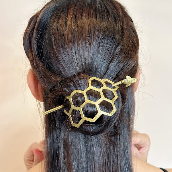 Large Brass Honeycomb | Bee Hair Pin | Boho Wedding Hair Accessories | Handmade Hair Bun | Slide Pin with Honeycomb