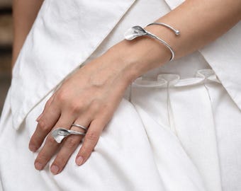 Calla Lily Brass Bracelet: Silver-Plated Flower Cuff, Handmade