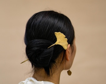 Ginkgo Leaf Hair Pin: Hand Carved Brass Hair Stick