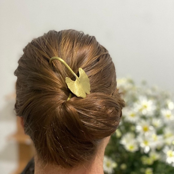 Handmade Ginkgo Leaf Hair Pin: Brass Hair Stick, Copper Accent, gift for her