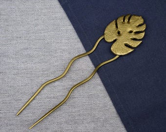 Brass Monstera Hair Pin: Gold Bridal Hair Fork