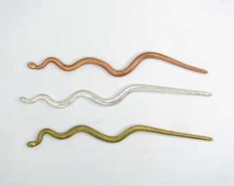 Carved Brass Snake Hair Stick: Silverplated Copper Hair Pin