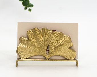 Hand Carved Brass Ginkgo Business Card Holder: Desk Accessory, Nature-Inspired Desk Decor