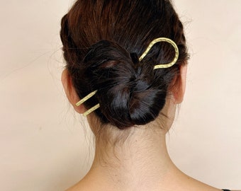 Hammered Brass Hair Fork: U-Shaped Hair Pin, Handcrafted
