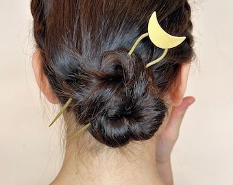 Moon Brass Hair Pin | Gold Hair Stick | Bridal Hair Pins | Brass HairJewelry | Copper Hair Fork | Silver Hair Pin