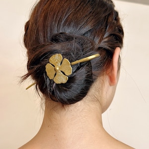 Brass Hair Pin | Hair Stick | Leaf Hair Stick | Four-Leaf Clover Hair Fork | Bridal Hair Pin | Flower Hair Pin | Gift for Mom