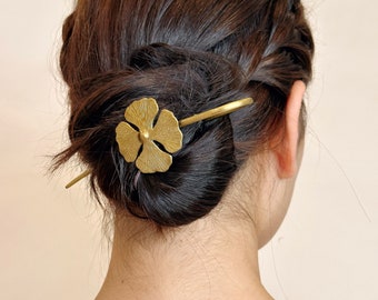 Brass Hair Pin | Hair Stick | Leaf Hair Stick | Four-Leaf Clover Hair Fork | Bridal Hair Pin | Flower Hair Pin | Gift for Mom