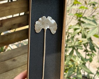 Silver Ginkgo Hair Pin: Hand Carved Brass Hair Fork, Boho Wedding Clip