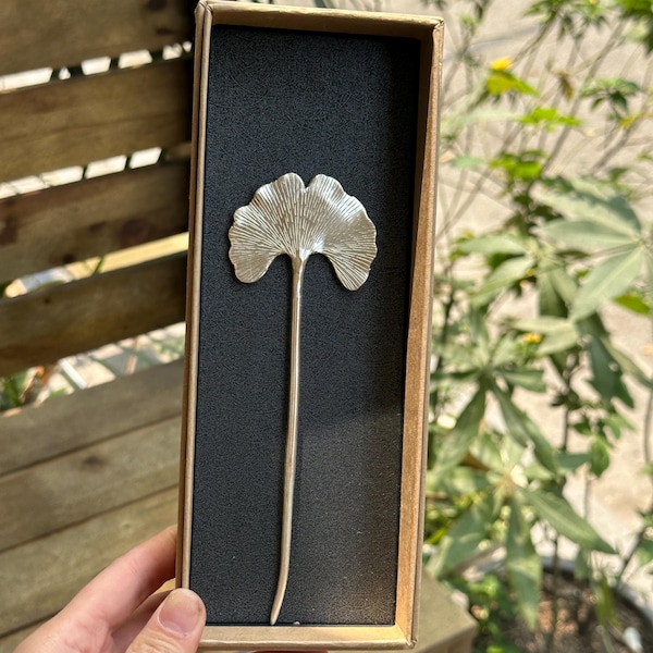 Silver Ginkgo Hair Pin: Hand Carved Brass Hair Fork, Boho Wedding Clip