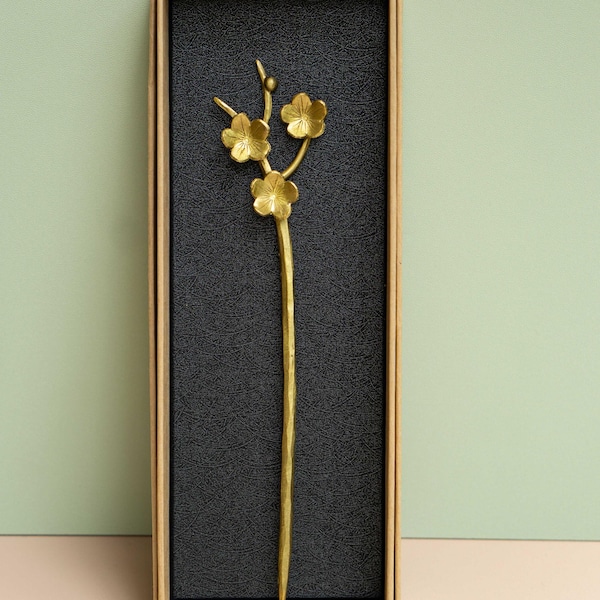 Pfirsich Blüte Haarnadel: Gold Messing Blume Haarstab, handgemachte Haarstab, Sakura Blume Haarnadel