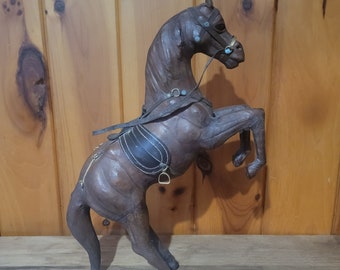 Leather Wrapped Rearing Horse Figurine, With Reins & Saddle.