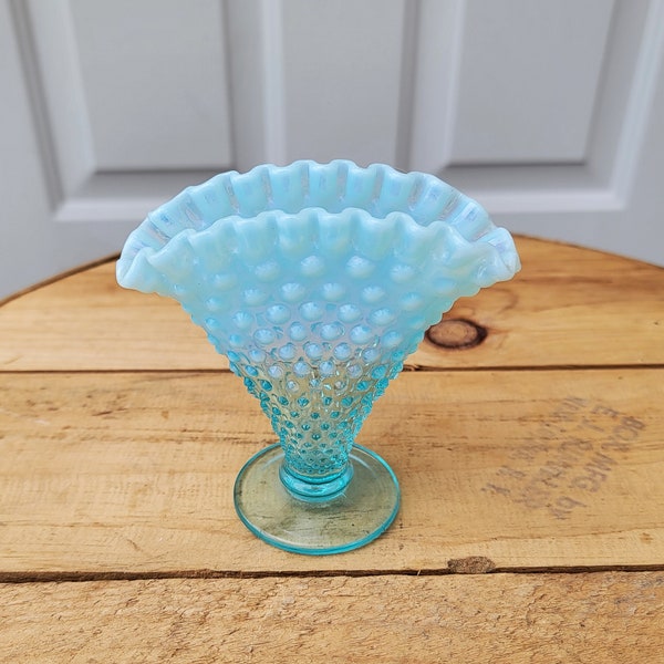 Fenton Blue Opalescent Hobnail Footed Fan Vase With Ruffled Top Rim  4"W x 1-3/8"D x 4"H