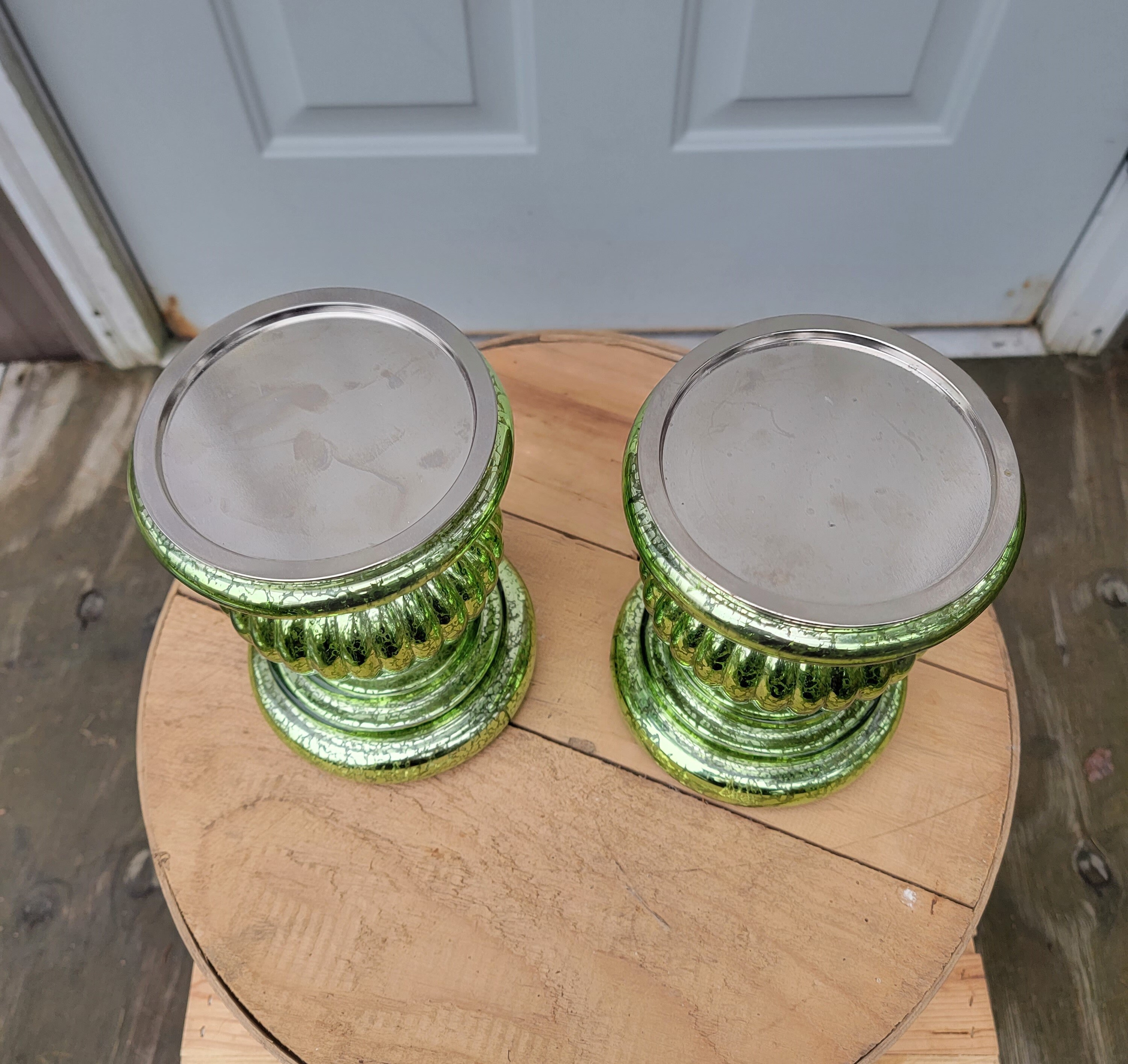 2 Valerie Parr Hill Lighted Mercury Glass Green Candle Holders Etsy