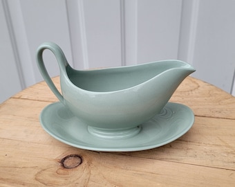 Wedgewood Ofetruria & Barlaston Celadon Gravy Boat. It Measures 8"L x 6"W x 5"H