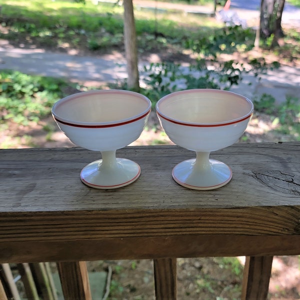 2 Hazel Atlas Moderntone Platonite Custard Cups with Red Trim