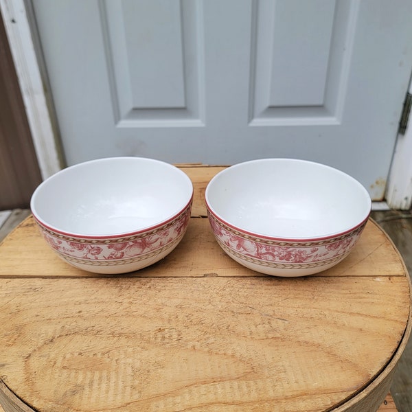 2 Royal Doulton STUDIO PROVENCE Rouge/Red Floral Toile Cereal Bowl 6"W x 2-1/2"H