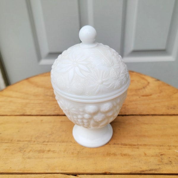 Avon Milk Glass Pedestal Compote 3-3/4"W x 3-3/4"H Without The Lid On & 6-1/2"H With The Lid On.