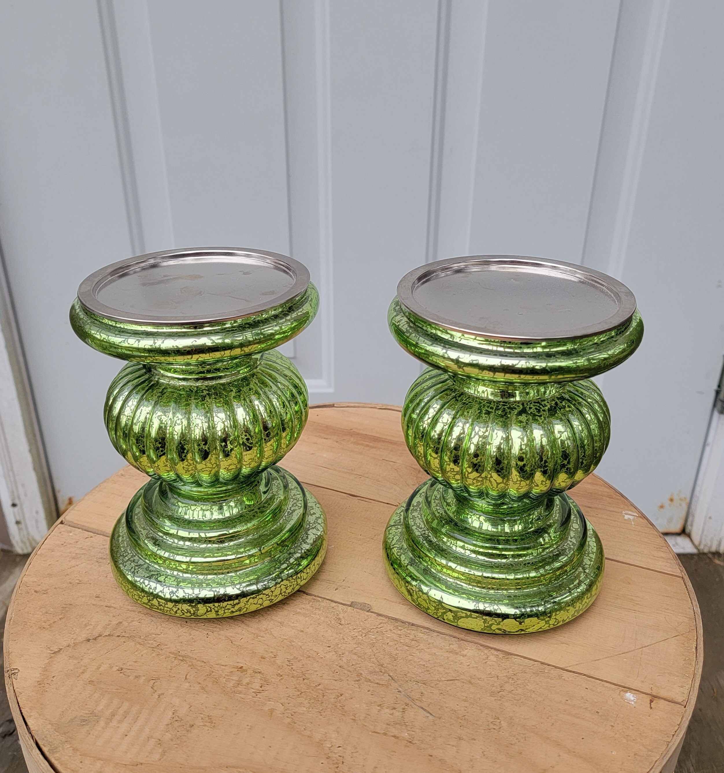 2 Valerie Parr Hill Lighted Mercury Glass Green Candle Holders Etsy