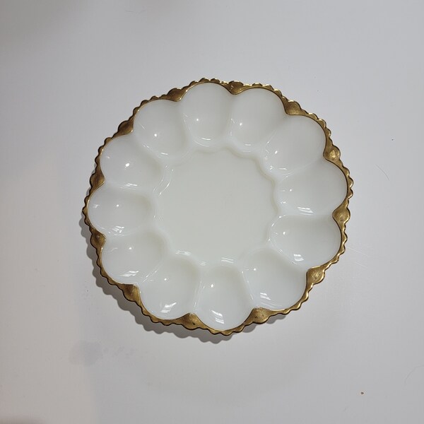 Milk Glass Egg Plate With Gold Trim Etsy