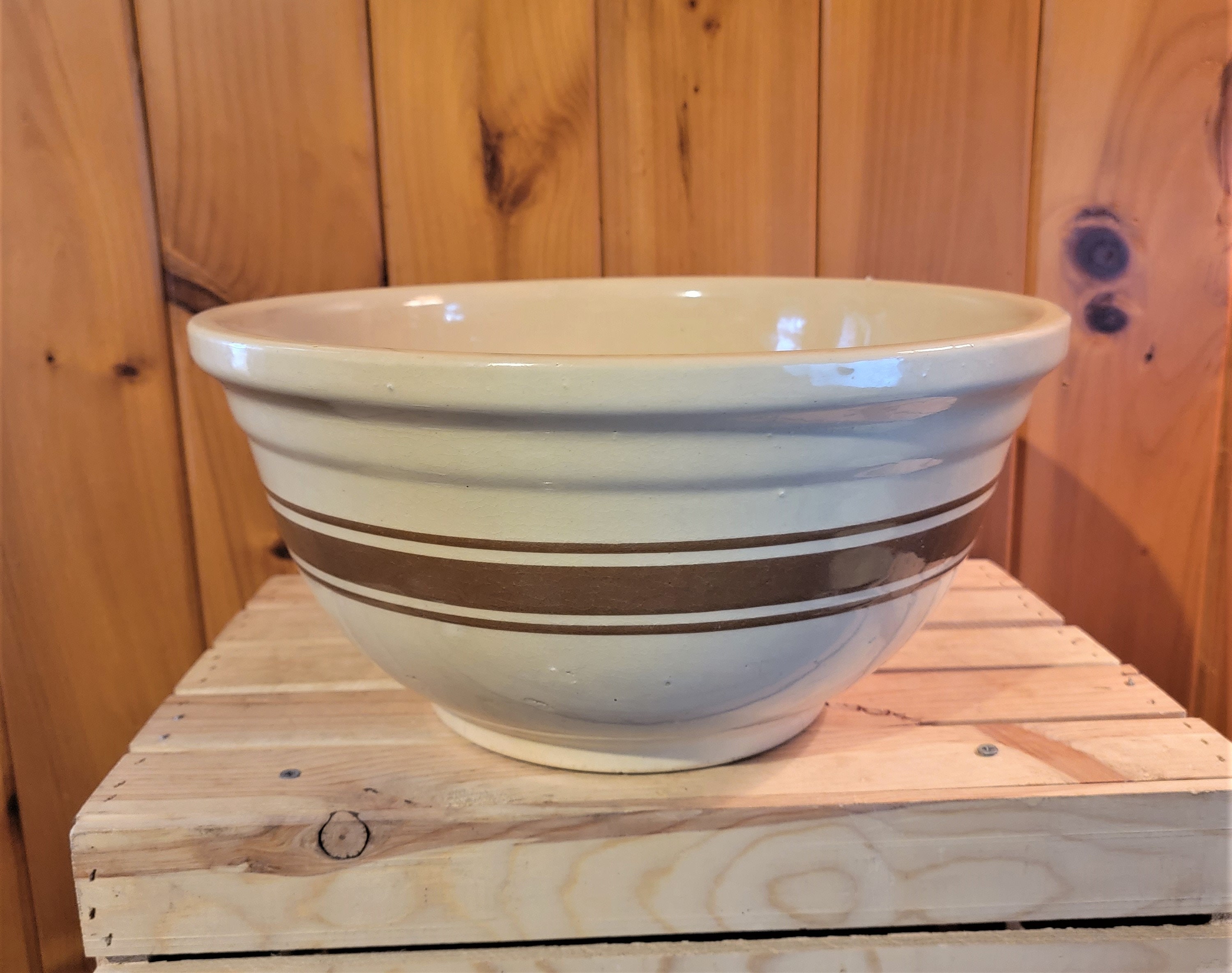 Watt 14 Extra Large Mixing Bowl Beige With Brown Stripes. It Measures 14w X  7h 