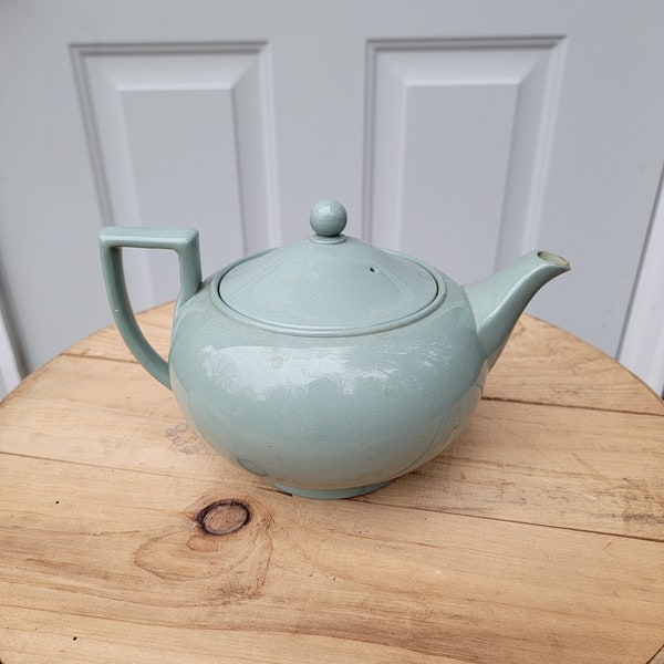 Wedgewood Ofetruria & Barlaston Celadon Tea Pot. It Measures 9"L Handle To Spout x 6-1/4"W x 5-3/4"H