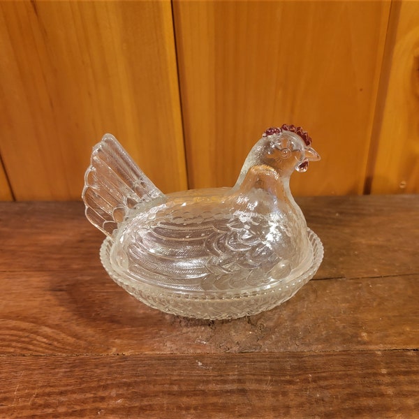 Clear Glass Small Hen On A Nest Candy Dish With Basket Weave Bottom & A Red Comb. 4-1/2"L