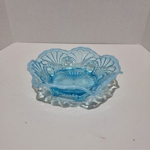 Fenton Blue Opalescent Scroll & eye Ruffled Bowl