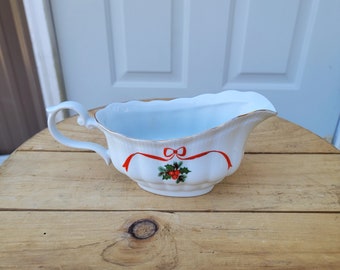 Walbrzych Holly/Ribbon And Berry Gravy Boat  8-1/2"L x 3-3/4"W x 3-3/4"H  Made In Poland