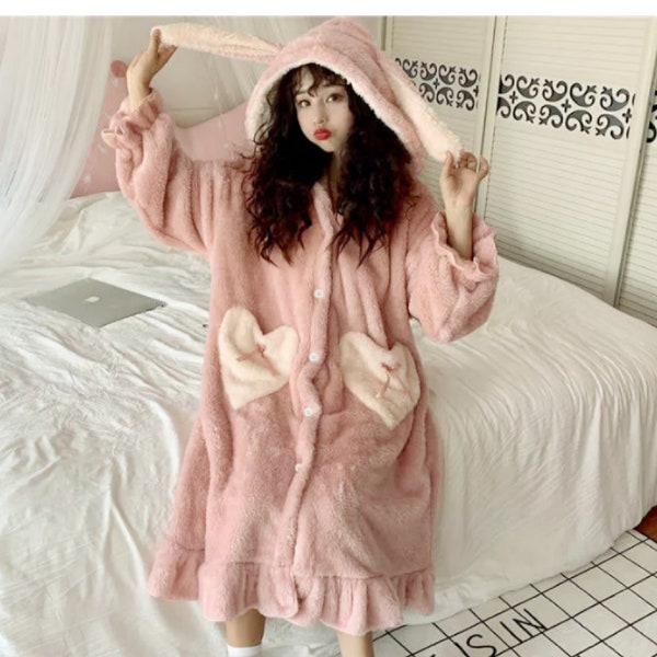 Korean Fashion Women's Winter Coral Velvet Kawaii Rabbit Ear Pocket Girls Night Dress | Home Sleeping Wool Coat | Gift Sister/Mother pajamas