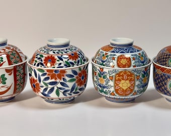 Set of 4 Vintage Arita Ware Lidded Bowls – Ko-Imari Style Porcelain, Made in Japan