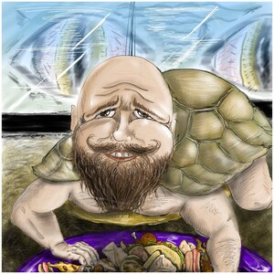 May include: A cartoon illustration of a man with a beard wearing a turtle shell, looking down at a plate of food. The man has a large, round head and a wide smile. The food on the plate includes pizza, tacos, and other items.