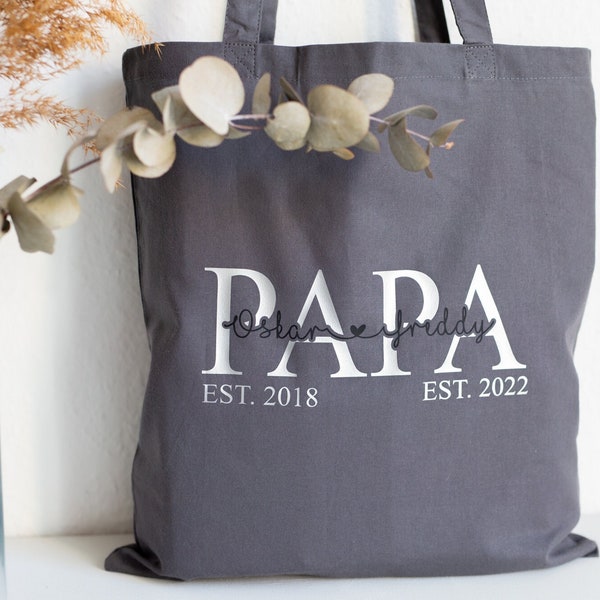 Personalisierte Baumwolltasche PAPA Grau mit Silber, Tasche Papa mit Kindernamen, individuelle Geschenkidee, Jutetasche aus Baumwolle