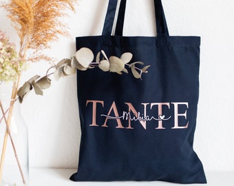 Personalisierte Baumwolltasche TANTE Navy mit Roségold, Tasche Tante mit Kindernamen, Geschenkidee für Schwester, Jutetasche aus Baumwolle