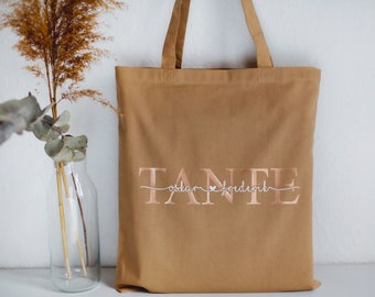 Personalisierte Baumwolltasche TANTE Zimt mit Kupfergold, Tasche Tante mit Kindernamen, Geschenkidee für Schwester, Jutetasche aus Baumwolle