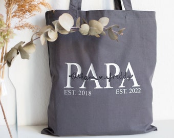 Personalisierte Baumwolltasche PAPA Grau mit Silber, Tasche Papa mit Kindernamen, individuelle Geschenkidee, Jutetasche aus Baumwolle