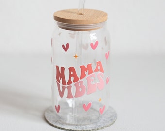 Trinkglas mit Bambusdeckel, Geschenk Muttertag, Kaffeeglas, Nachhaltiges Trinkglas, Geschenk Mama